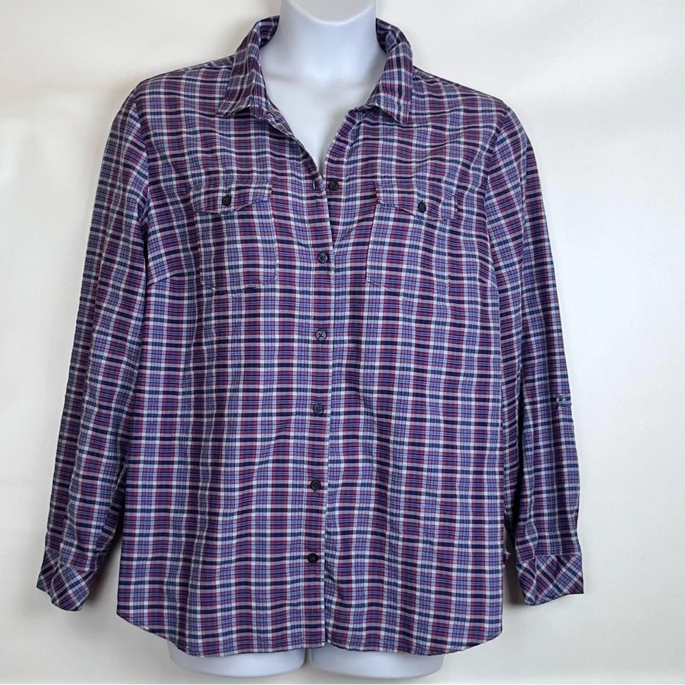 Eddie Bauer Shirt Women’s 3X Purple Pink Plaid Adventurer Roll-Tab Sleeve READ
